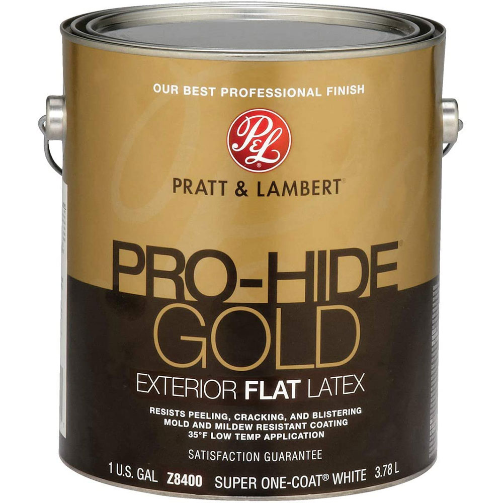 Pratt & Lambert Pro-Hide Gold Ultra Latex Exterior Wall Paint, Z8400, Flat, Super One-Coat White, 1 Gallon