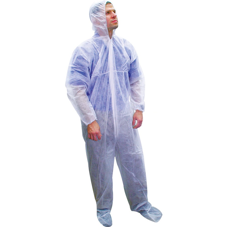 Malt Polylite Coverall Suit, M1500 - White with Attached Hood/Boots and Elastic Wrist - Case of 25 - 4XL - Click Image to Close