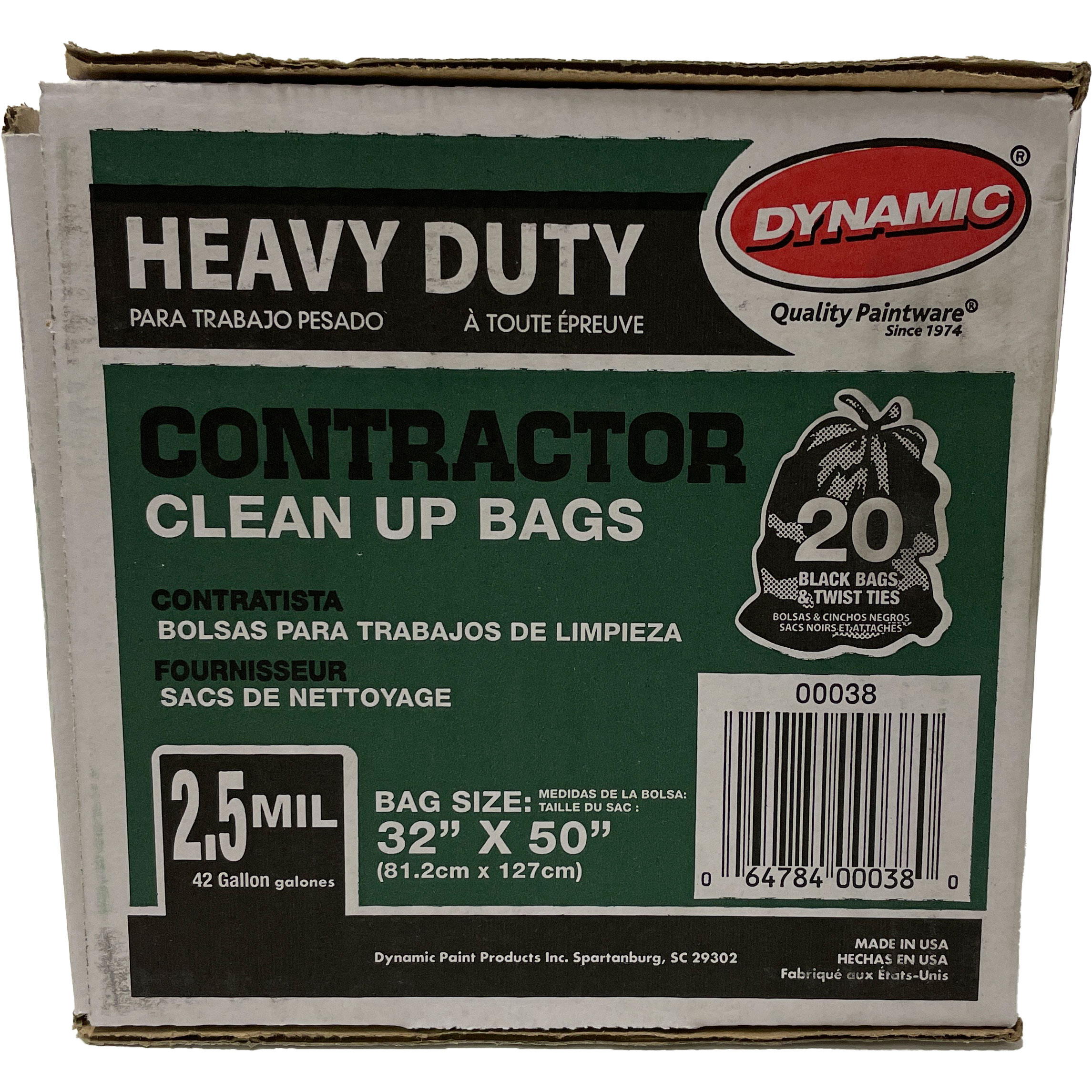 Dynamic 00038 Heavy Duty Black Contractor Bags, 42 Gallon, 2.5mil, 32 x  50, 20 Bags w/ Twist Ties