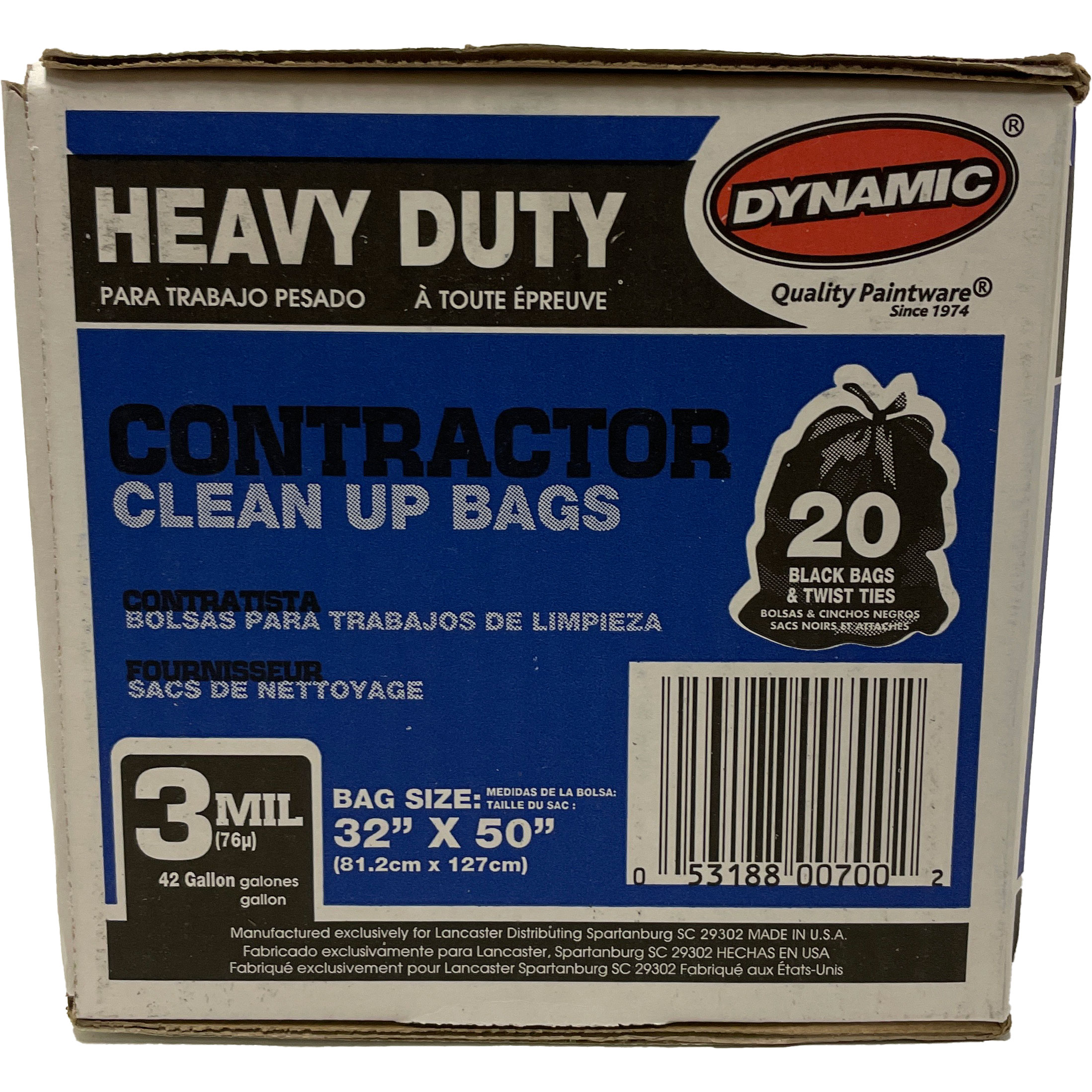 Dynamic 00700 Heavy Duty Black Contractor Bags, 3mil, 42 Gallon, 32 x 50,  20 Bags w/ Twist Ties