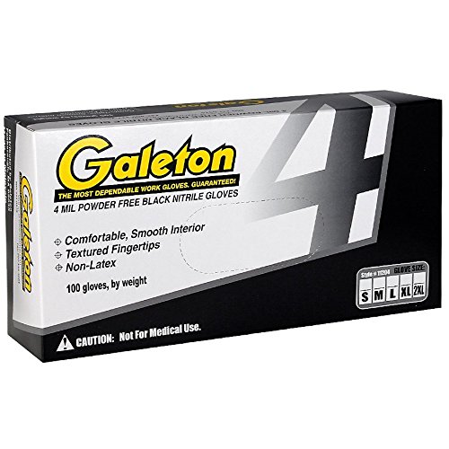 Galeton 11204 Black Nitrile Disposable Gloves, 4Mil, Powder Free, 100/box, Large