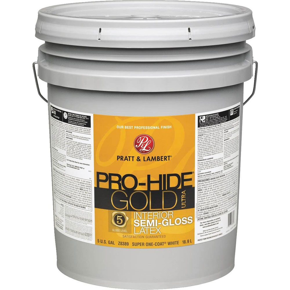 Pratt & Lambert Pro-Hide Gold Ultra Latex Interior Wall Paint, Z8389, Semi-Gloss, Super One-Coat White, 5 Gallons - Click Image to Close