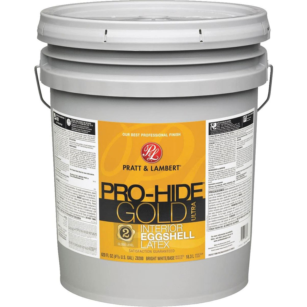 Pratt & Lambert Pro-Hide Gold Ultra Latex Interior Wall Paint, Z8280, Eggshell, Bright White/Base, 5 Gallons