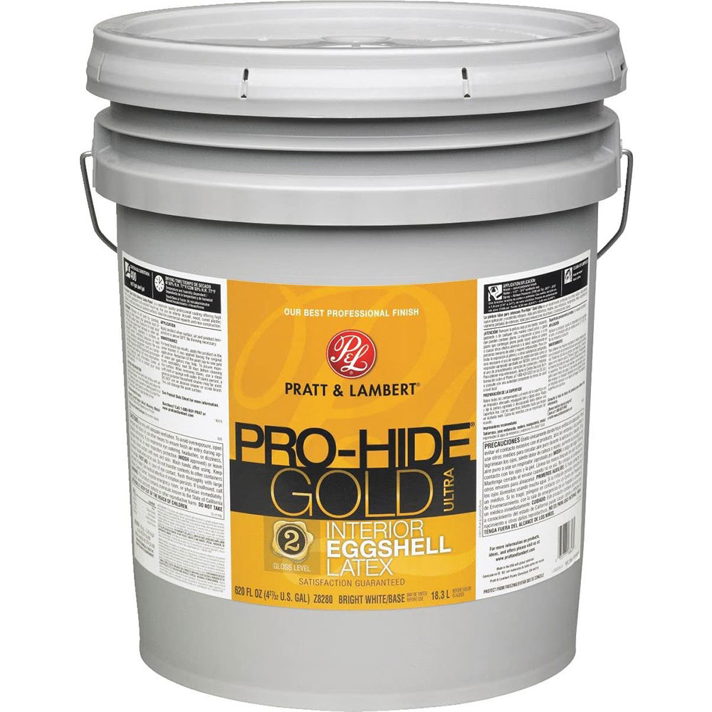 Pratt & Lambert Pro-Hide Gold Ultra Latex Interior Wall Paint, Z8280, Eggshell, Bright White/Base, 5 Gallons - Click Image to Close