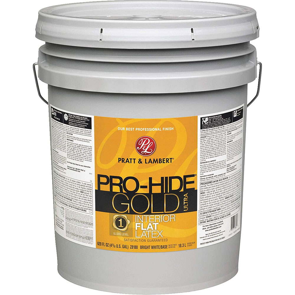 Pratt & Lambert Pro-Hide Gold Ultra Latex Interior Wall Paint, Z8180, Flat, Bright White/Base, 5 Gallons - Click Image to Close