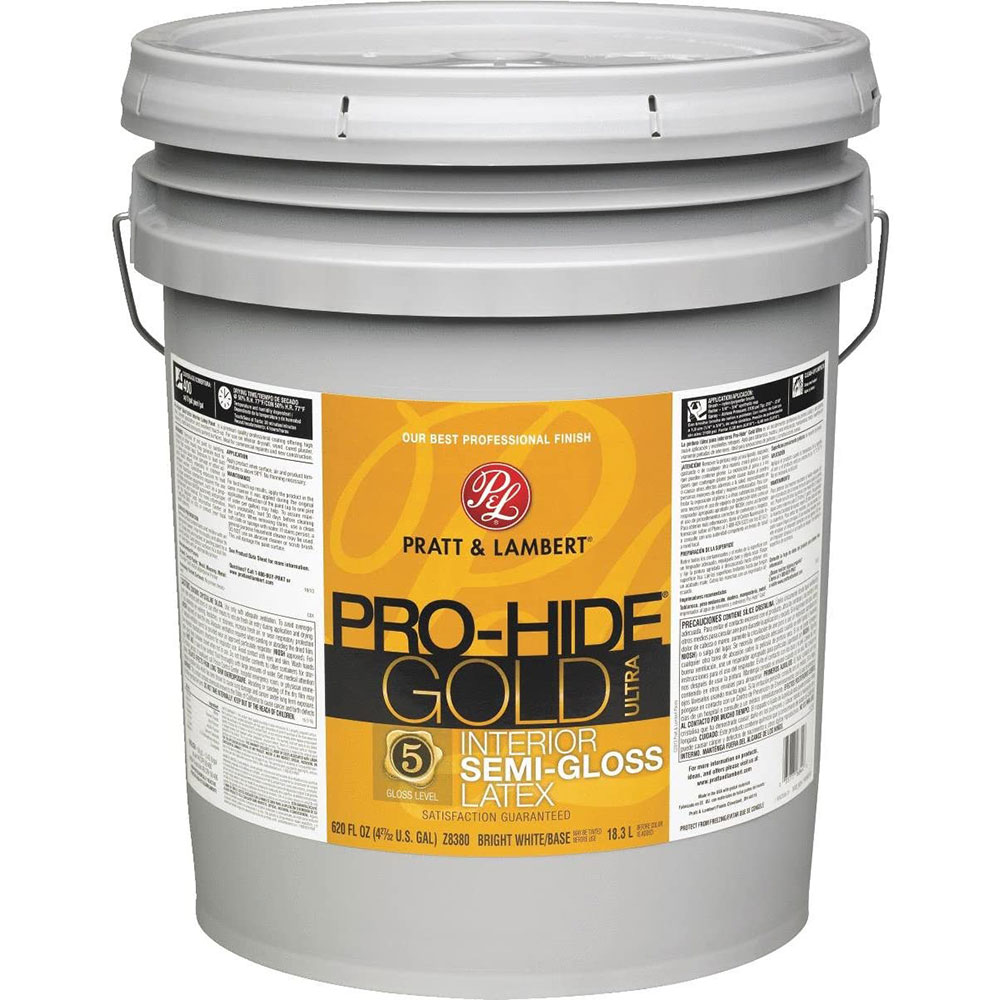 Pratt & Lambert Pro-Hide Gold Ultra Latex Interior Wall Paint, Z8380, Semi-Gloss, Bright White/Base, 5 Gallons - Click Image to Close