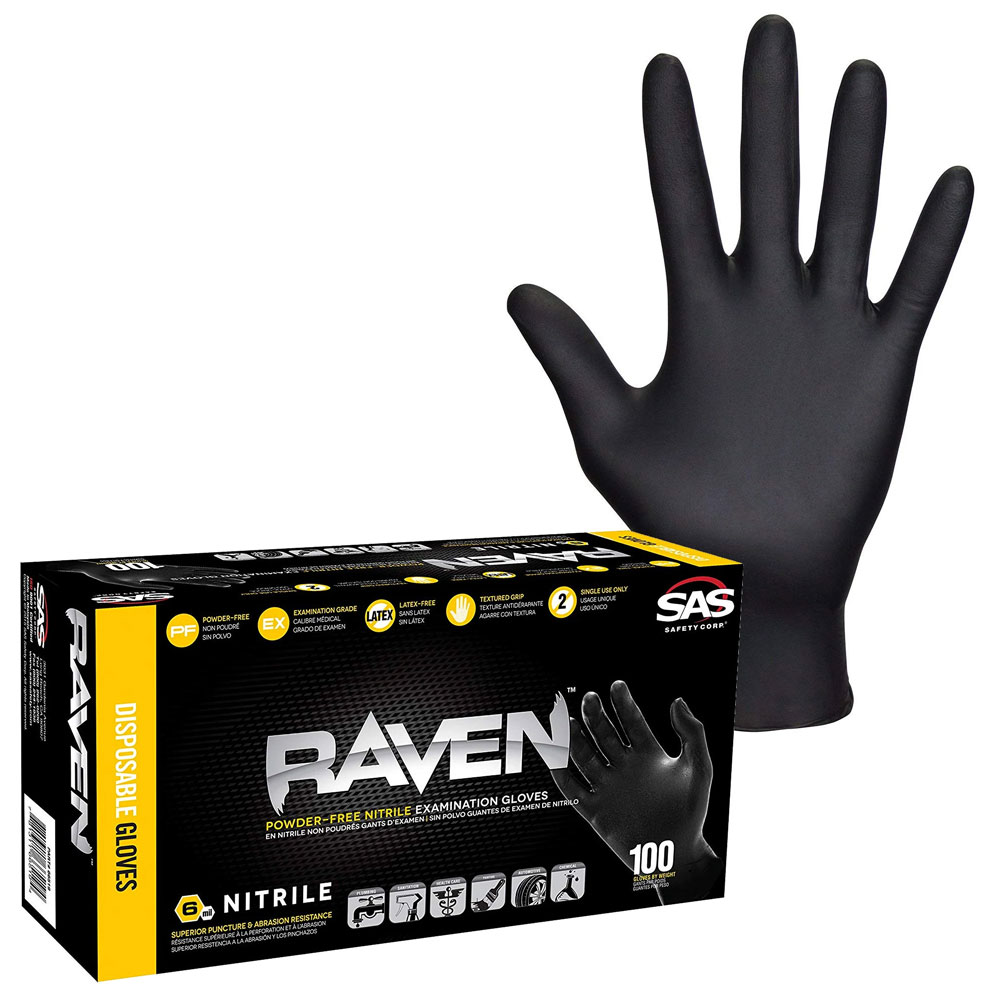 SAS Safety 66519 Raven X-Large Disposable Nitrile Gloves, 7mil, Box of 100